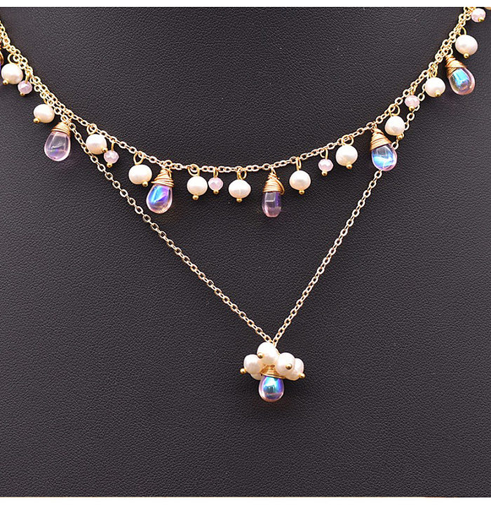 Retro Water Droplets Freshwater Pearl Copper Plating Inlay Pearl 18K Gold Plated Pendant Necklace