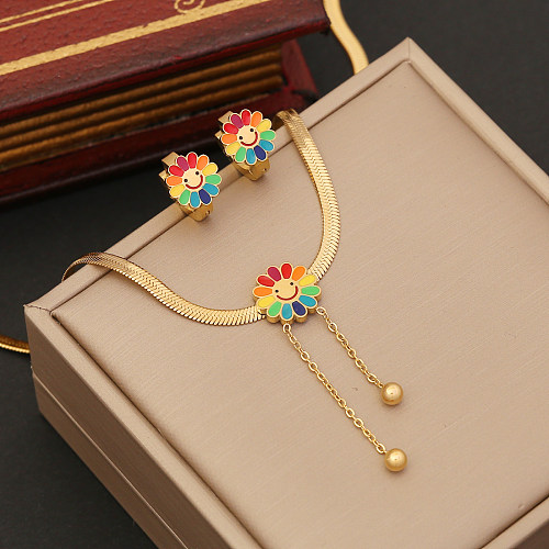 Collier de boucles d'oreilles plaquées en acier inoxydable avec pompon de tournesol mignon