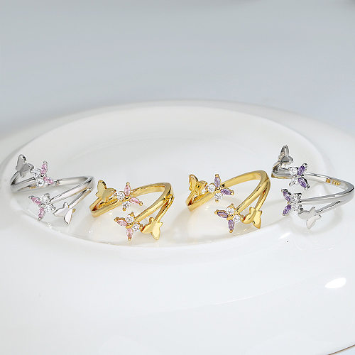 Simple Style Butterfly Copper Plating Inlay Artificial Gemstones Open Ring
