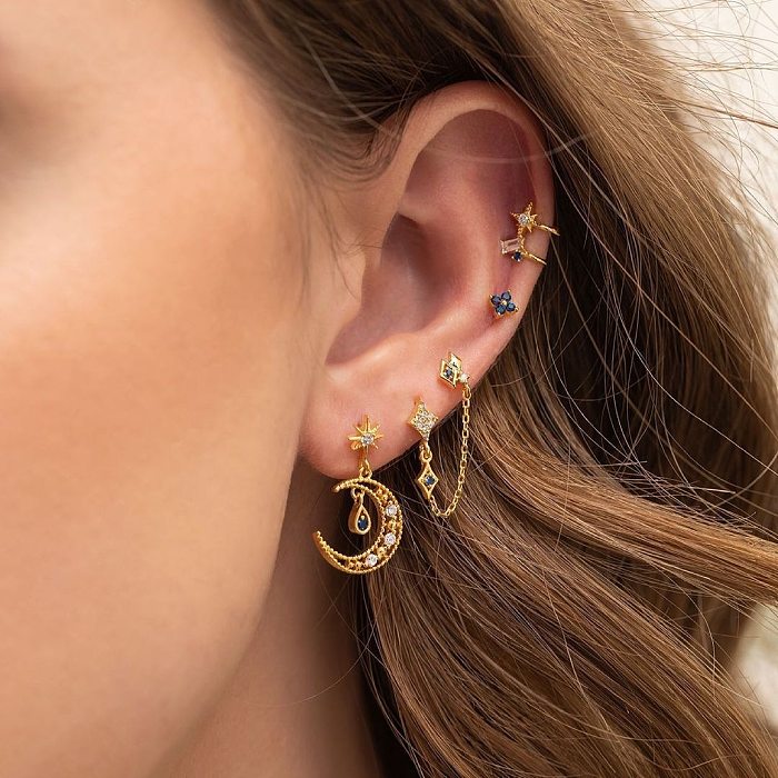 Fashion Star Moon Copper Inlay Zircon Earrings 1 Set