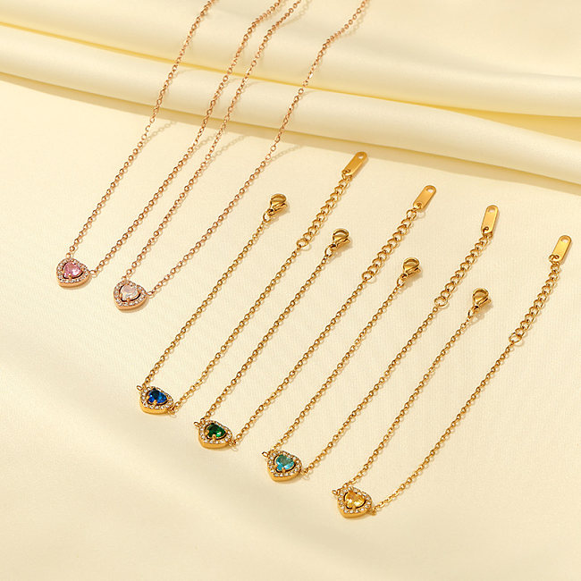 Casual estilo simples forma de coração chapeamento de aço inoxidável inlay zircão rosa banhado a ouro pulseiras colar