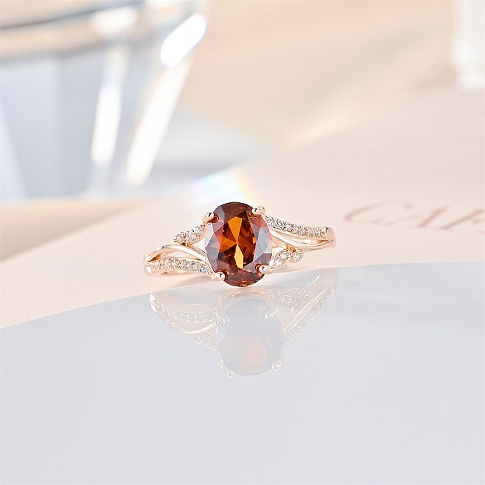 Elegant Shiny Oval Copper Polishing Plating Inlay Artificial Gemstones Zircon Open Ring