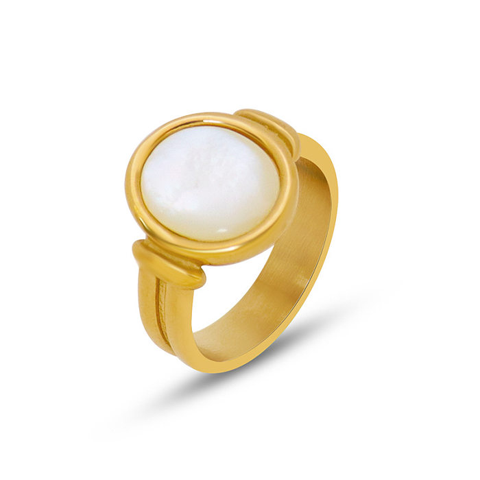 Retro Light Luxury Round White Sea Shell Charming Ring Real Gold Titanium Steel Jewelry