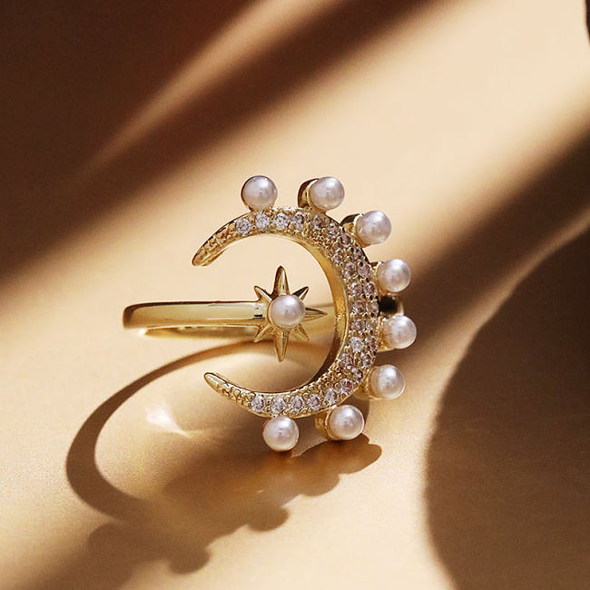 Elegante streetwear lua cobre incrustação pérolas artificiais zircão anéis abertos