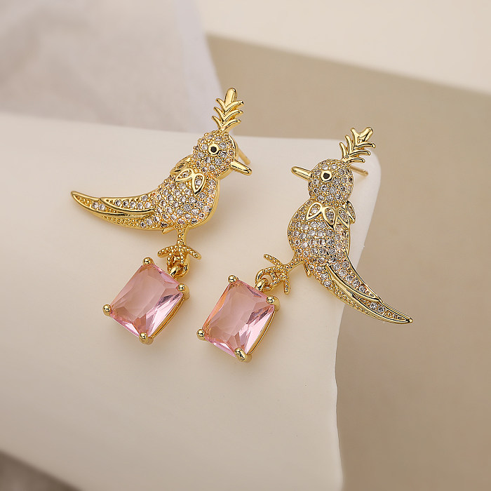 1 Paar elegante Damen-Ohrringe mit Vogel-Beschichtung, Kupfer-Zirkon, 18 Karat vergoldet