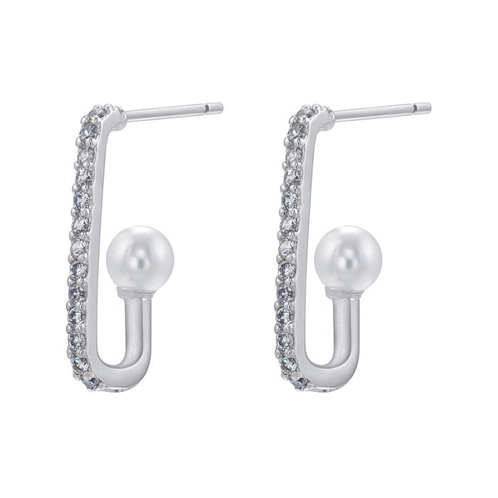 1 Pair Fashion Geometric Copper Inlay Artificial Pearls Zircon Ear Studs