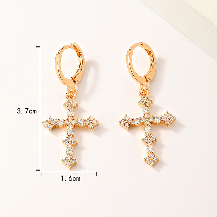 1 Paar elegante, luxuriöse, schlichte Ohrringe mit Kreuz-Wassertropfen-Blumen-Kupferbeschichtung, Inlay aus Zirkon, 18 Karat vergoldet