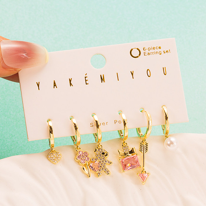 IG Style Sweet Heart Shape Flower Copper Asymmetrical Zircon 14K Gold Plated Earrings