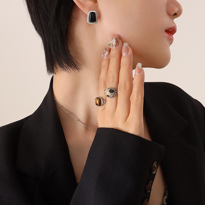 Women'S Fashion Geometric Titanium Steel Earrings Necklace Inlay Opal Jewelry Sets