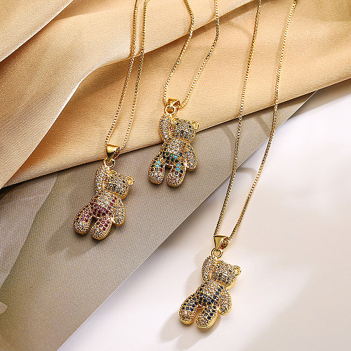 Cute Sweet Little Bear Copper 18K Gold Plated Zircon Pendant Necklace In Bulk