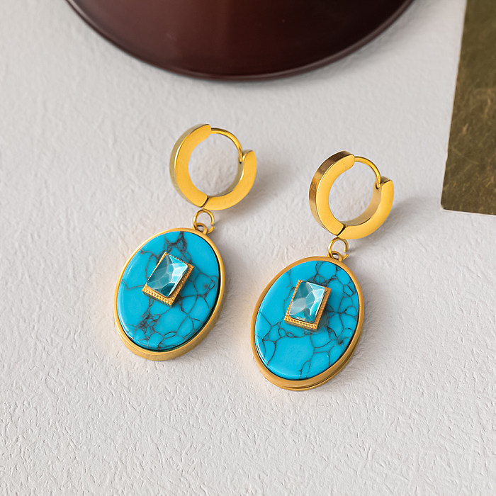 Wholesale Retro Oval Rectangle Titanium Steel 18K Gold Plated Turquoise Zircon Earrings Necklace