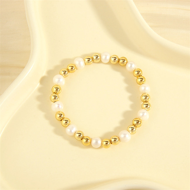 Retro Simple Style Irregular Round Freshwater Pearl Copper Plating 18K Gold Plated Bracelets