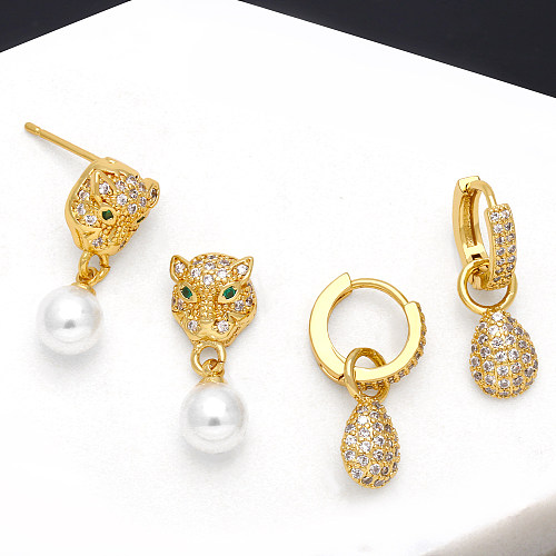 1 Pair Casual Water Droplets Plating Inlay Copper Pearl Zircon 18K Gold Plated Drop Earrings