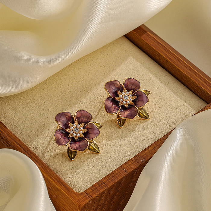 1 par de brincos de orelha de zircônia com pérolas artificiais de cobre pintadas com flor doce