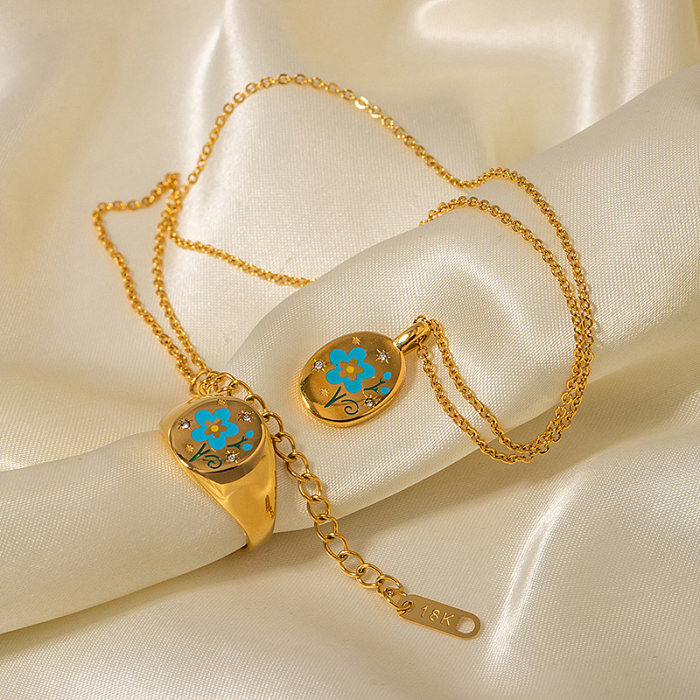 Halskette mit eleganten Blumen-Edelstahl-Emaille-Beschichtung, künstlichem Diamant und 18 Karat vergoldeten Ringen