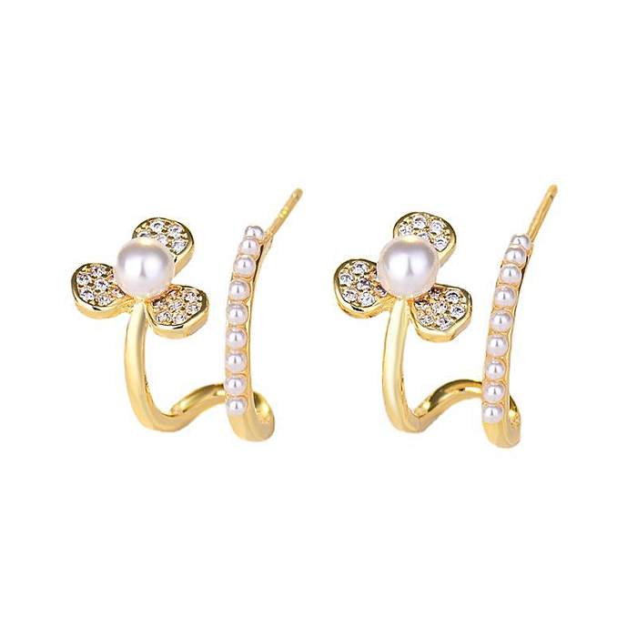Lady Flower Copper Plating Inlay Artificial Pearls Zircon Ear Studs 1 Pair