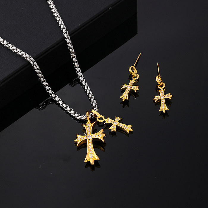 Hip-hop estilo vintage estilo romano cruz chapeamento de aço inoxidável incrustação zircão conjunto de joias banhado a ouro