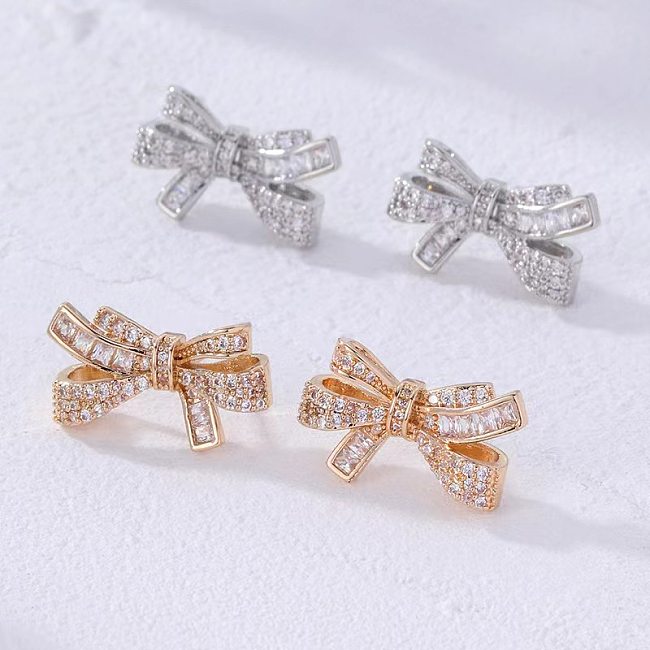 1 Pair Simple Style Bow Knot Inlay Copper Rhinestones Ear Studs