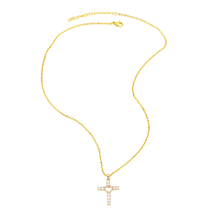 Elegant Streetwear Cross Heart Shape Copper 18K Gold Plated Zircon Pendant Necklace In Bulk