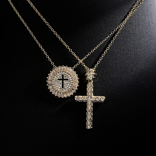 Fashion New Copper 18K Gold Zircon Disc Hollow Cross Necklace Female