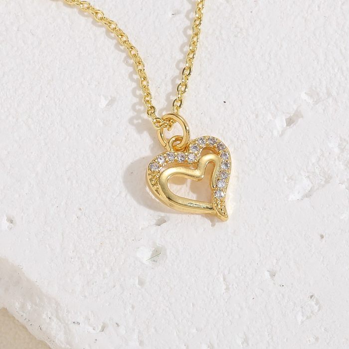 Estilo simples comute coração forma cobre chapeamento inlay zircon 14k banhado a ouro branco banhado a ouro pingente colar