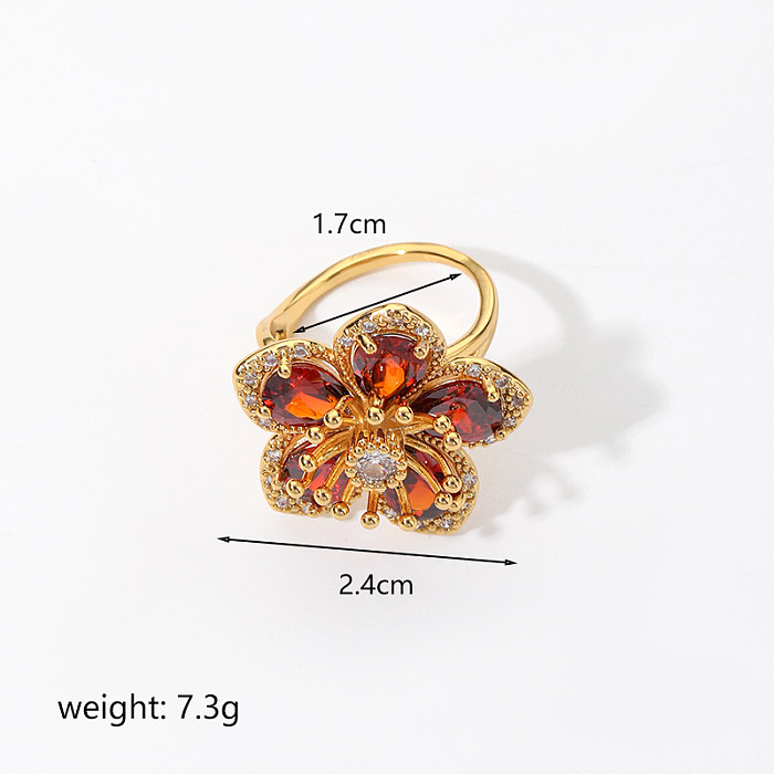 IG Style Sweet Flower Copper Plating Inlay Zircon 18K Gold Plated Open Rings