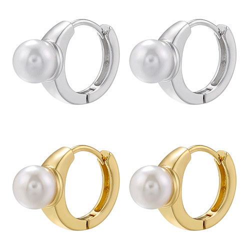1 paire de boucles d'oreilles plaquées or 18 carats, Style Simple, incrustation ronde en cuivre, perles artificielles