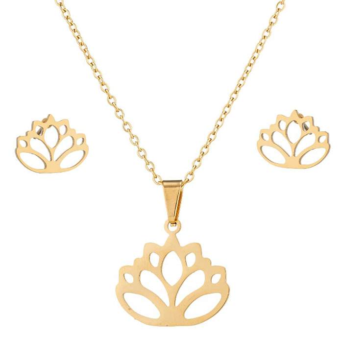 Simple Style Flower Stainless Steel Plating Hollow Out 18K Gold Plated Earrings Necklace