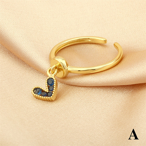 Simple Style Heart Shape Copper Plating Inlay Zircon 18K Gold Plated Open Rings