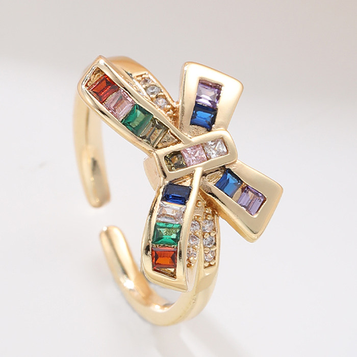 Elegant Lady Bow Knot Copper Inlay Zircon Open Rings