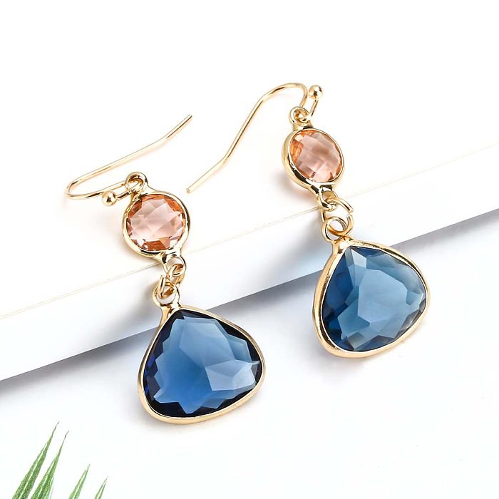 1 Pair Elegant Basic Water Droplets Copper Inlay Gem Crystal Drop Earrings