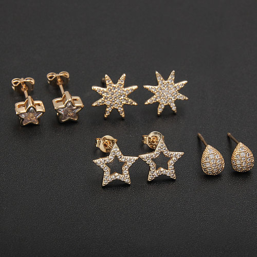 1 paire de clous d'oreilles plaqués or et étoile, Style Simple, incrustation de cuivre et de Zircon