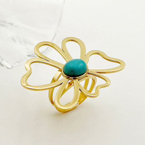 Sexy Romantic Sweet Flower Stainless Steel Plating Inlay Natural Stone Gold Plated Open Rings