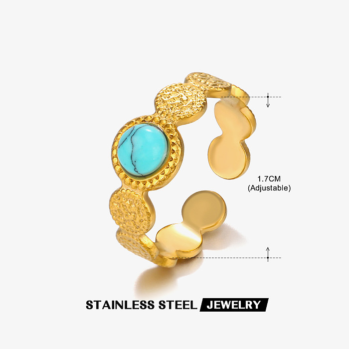 Estilo moderno estilo simples geométrico chapeamento de aço inoxidável incrustação turquesa 18K anéis abertos banhados a ouro