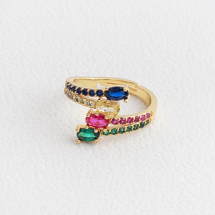 1 peça de anel aberto de zircão com incrustações de cobre de flor de estilo simples