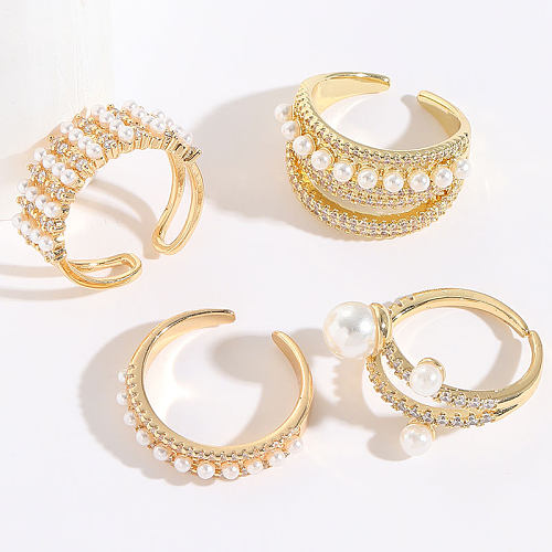 1 Piece Fashion C Shape Copper Inlay Artificial Pearls Zircon Open Ring