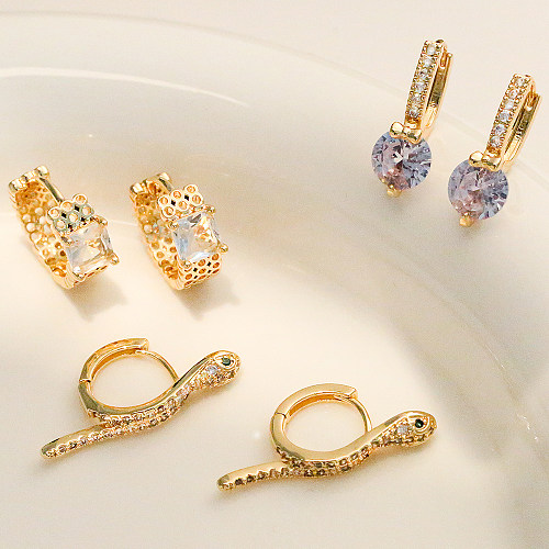 1 paire de boucles d'oreilles plaquées or 18 carats, Style français rétro, serpent, incrustation de cuivre, Zircon
