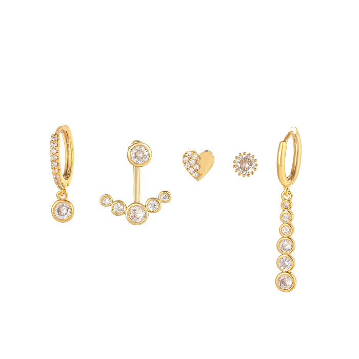 Fashion Round Heart Shape Arrow Copper Gold Plated Inlay Zircon Earrings 5 Piece Set