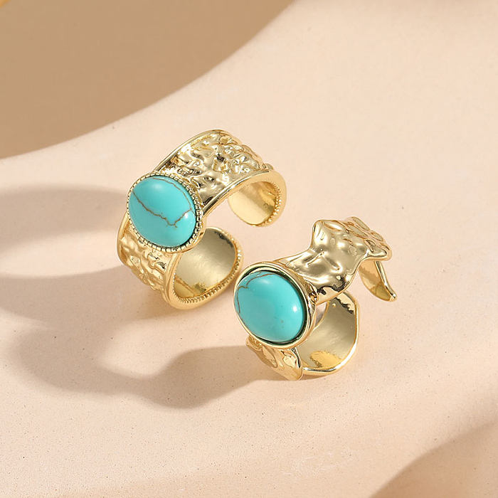 Elegant Luxurious Classic Style Irregular Copper 14K Gold Plated Turquoise Open Ring In Bulk