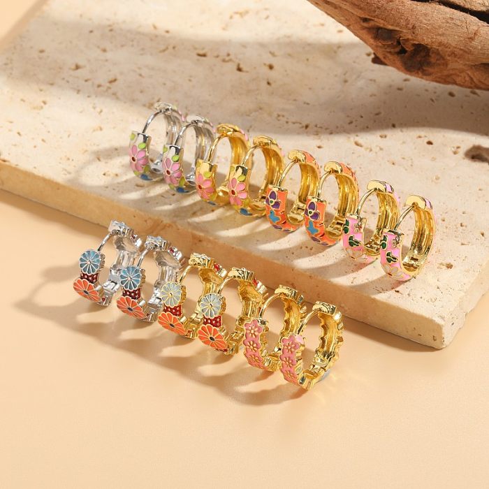 1 Pair Elegant Sweet Flower Enamel Plating Inlay Copper Zircon 14K Gold Plated Earrings