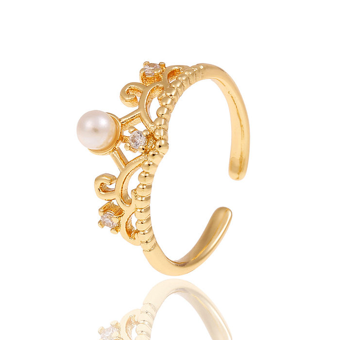 Einfacher Damen-Kronen-Kupfer-Schmuck, süßer offener Perlen-Diamant-Ring