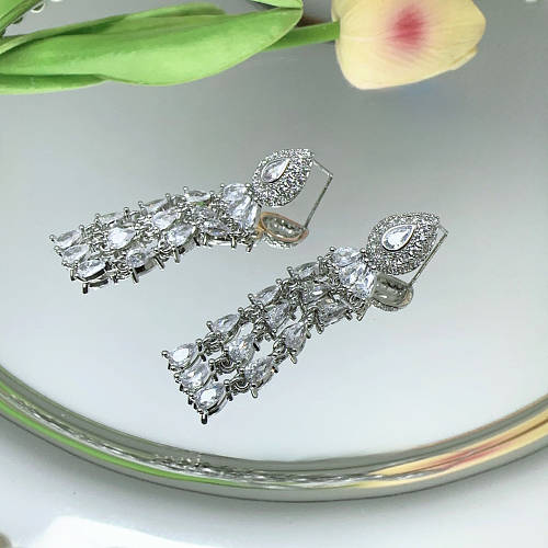 1 Pair IG Style Shiny Water Droplets Tassel Inlay Copper Zircon Drop Earrings