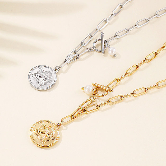 European And American Trend Stainless Steel Angel Coin Paper Clip Necklace Bracelet Jewelry Set