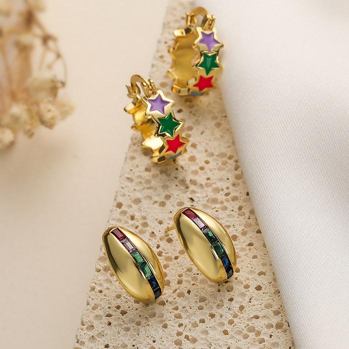1 Pair Simple Style Commute Star Enamel Plating Inlay Copper Zircon 18K Gold Plated Hoop Earrings Ear Studs
