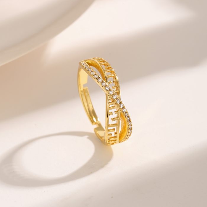 Estilo simples comute flor cobre criss cross chapeamento inlay zircon 18k anéis abertos banhados a ouro