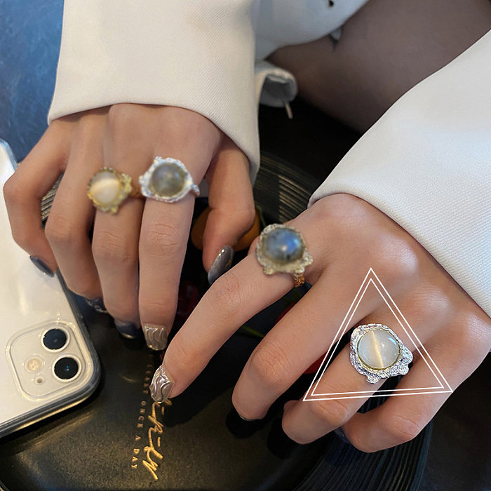 Anéis banhados a prata com pedras preciosas artificiais irregulares de cobre geométrico estilo vintage