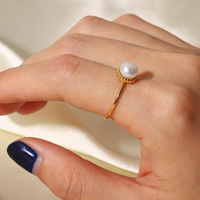 Fashion Round Stainless Steel Inlay Pearl Rings 1 Piece