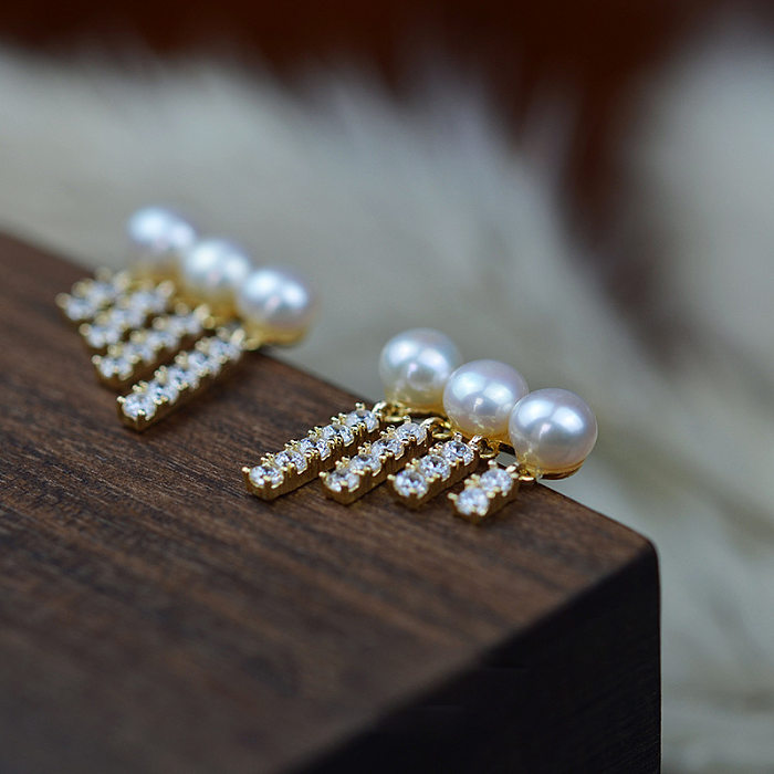 1 paire de clous d'oreilles en Zircon, incrustation de placage de pampilles en cuivre, perles artificielles pour femmes
