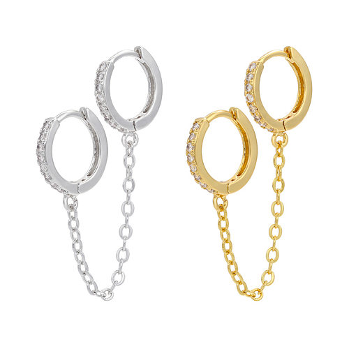 Fashion Micro-inlaid Zircon Double Pierced Hollow Chain Brass Earrings Wholesale jewelry