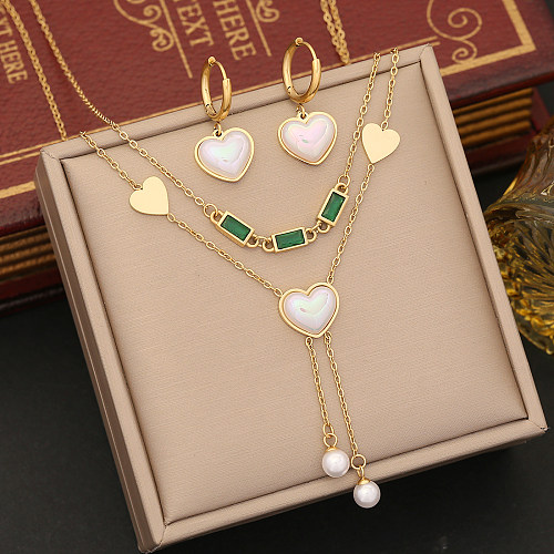 Süße herzförmige Edelstahl-Beschichtung, künstliche Perlen, Zirkon-Armbänder, Ohrringe, Halskette